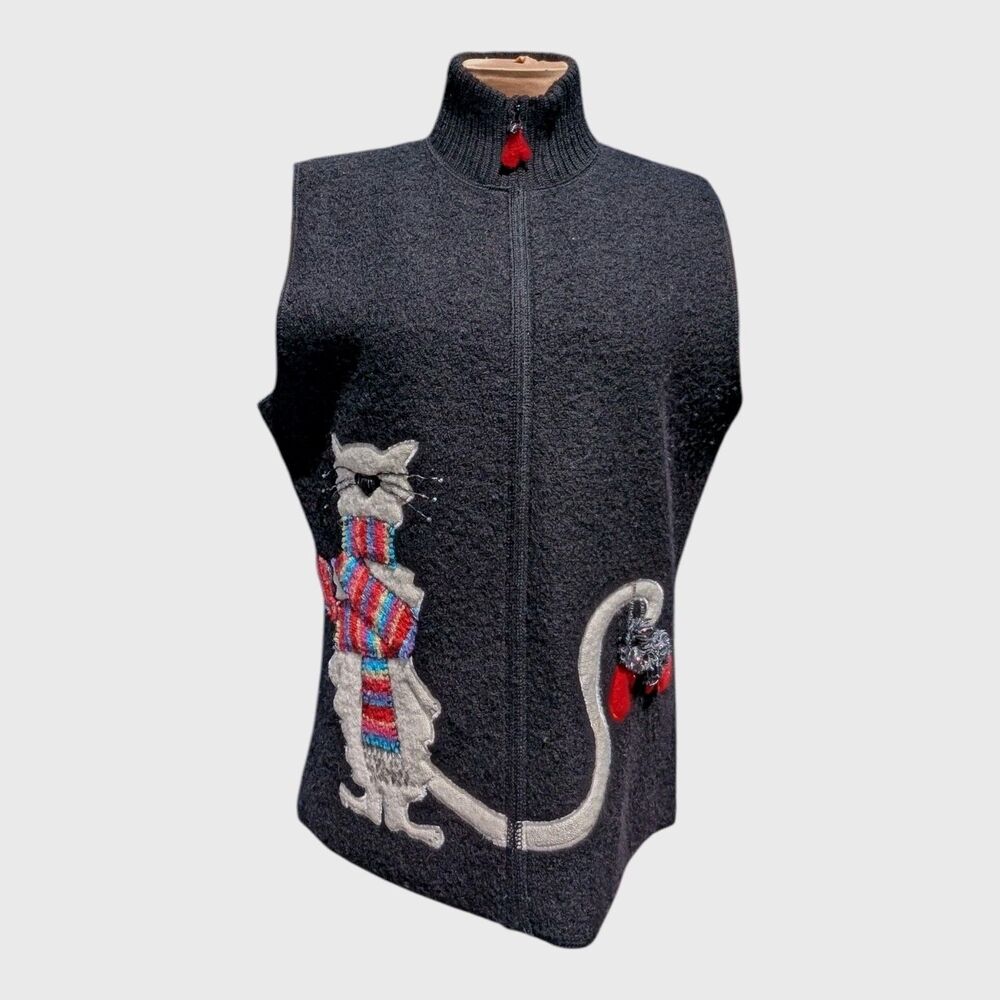 Coldwater Creek Vest Womens Medium Cat Lady Wool Zip Christmas Holiday Whimsical